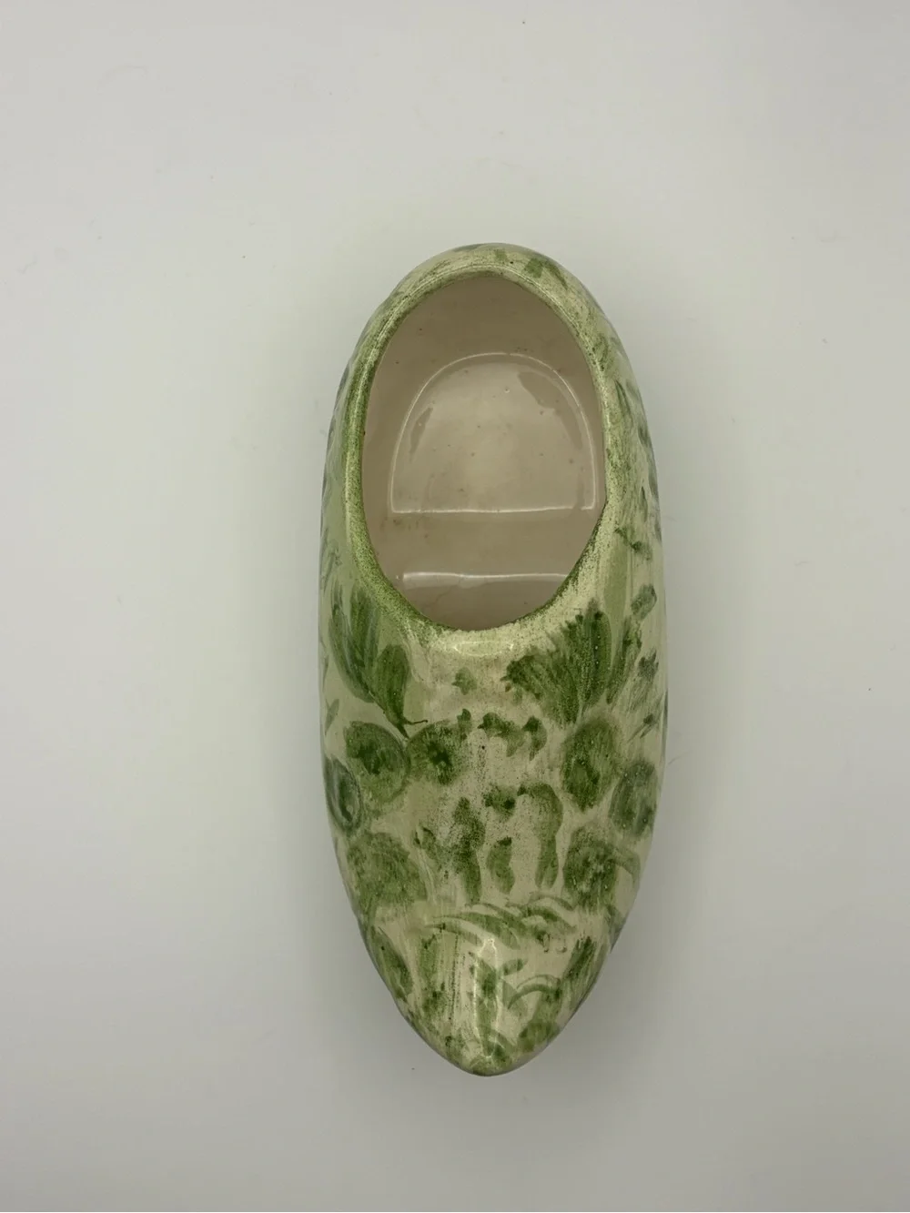 Vintage Ceramic Dutch Clog Shoe Figurine Green Floral Hand Painted 6” Decor